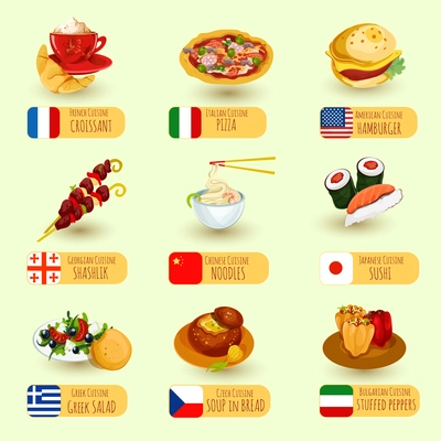 World food international cuisine decorative icons set with pizza croissant hamburger isolated vector illustration