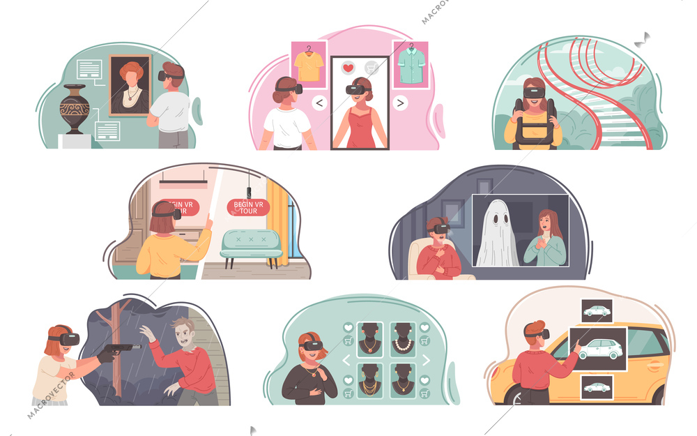 Virtual augmented reality cartoon icons set with people working and entertaining in cyberspace isolated vector illustration