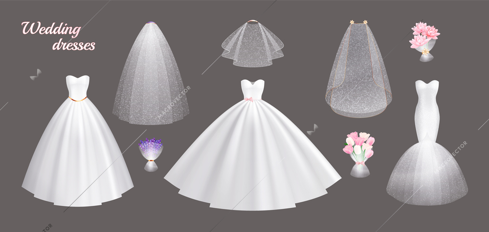 Realistic set of white wedding dresses and accessories for brides isolated on grey background vector illustration