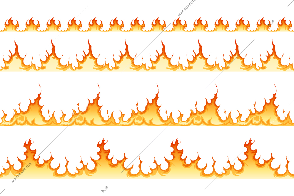 Flat fire borders set with flames of different size isolated on white background vector illustration