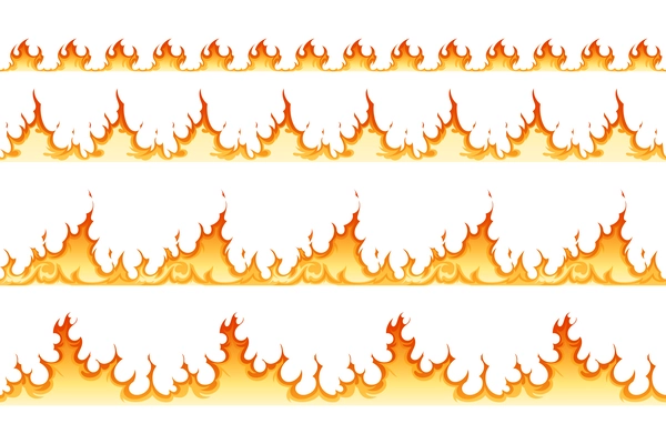 Flat fire borders set with flames of different size isolated on white background vector illustration