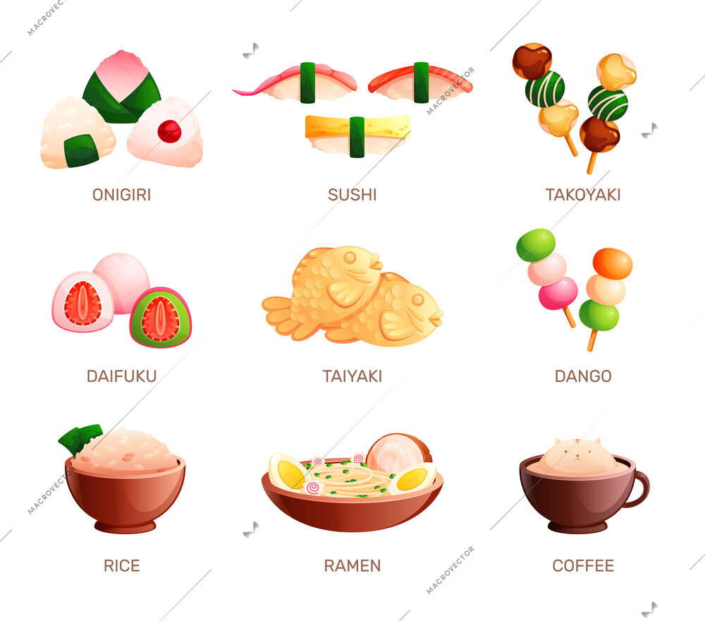 Flat cute asian food set with rice ramen sushi daifuku onigiri coffee dango takoyaki taiyaki isolated vector illustration