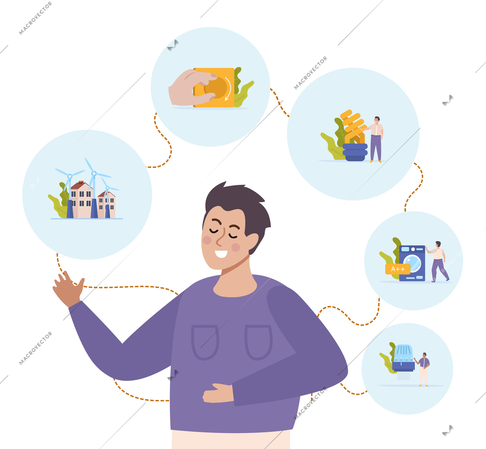 Energy economy flat set with male character and thought bubbles with compositions of reducing power leakage vector illustration