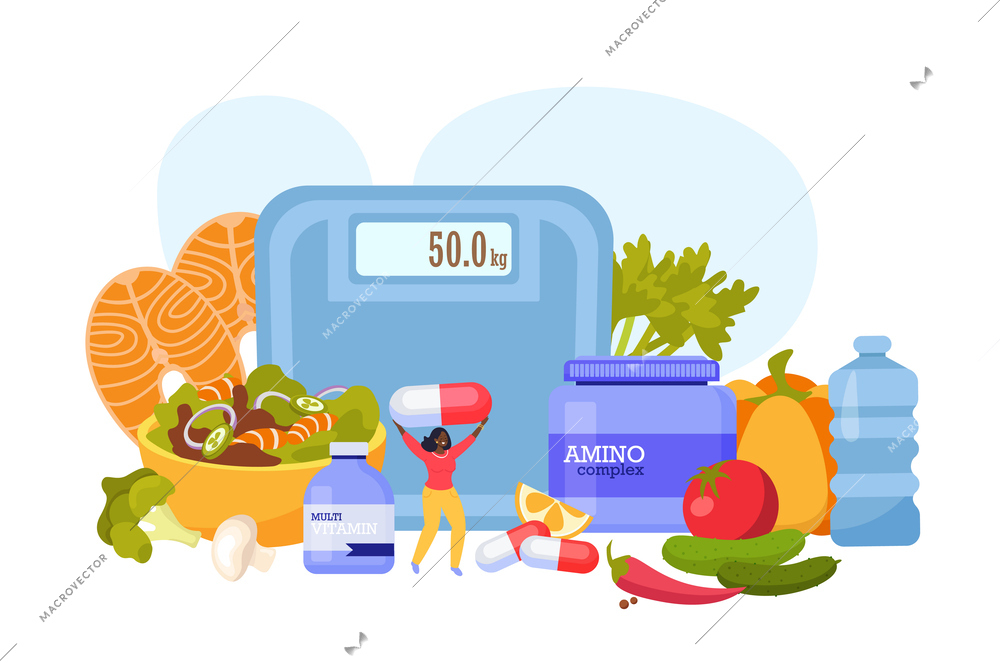 Sport nutrition flat composition with weighing machine food products and vitamin capsules isolated on blank background vector illustration