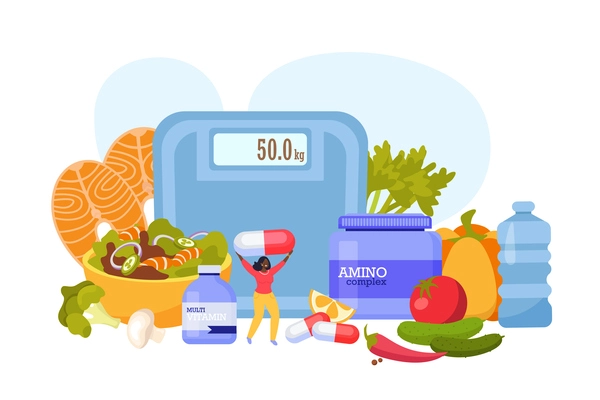 Sport nutrition flat composition with weighing machine food products and vitamin capsules isolated on blank background vector illustration