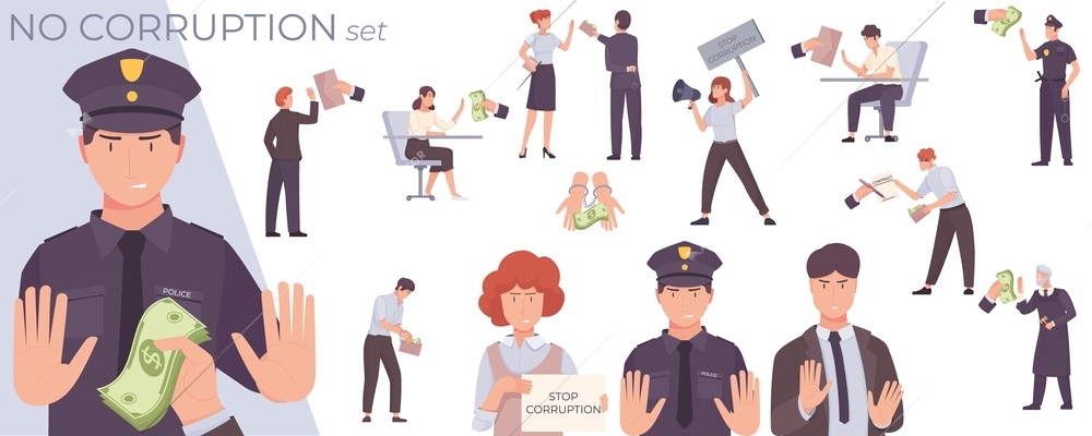 Anti corruption stop set of flat compositions with human characters of caught authorities illegally taking money vector illustration
