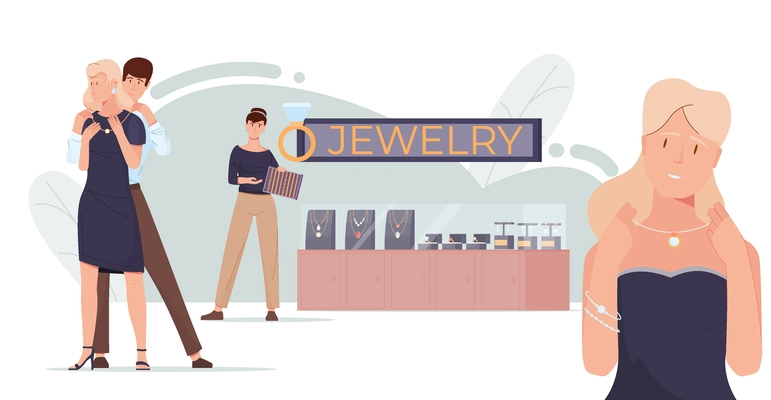 Jewelry shop flat composition with indoor scenery of fashion store with rings necklaces and loving couple vector illustration