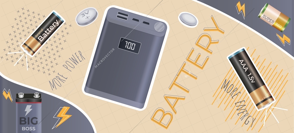 Batteries accumulator composition with collage of realistic icons with different voltage and capacity with ornate text vector illustration