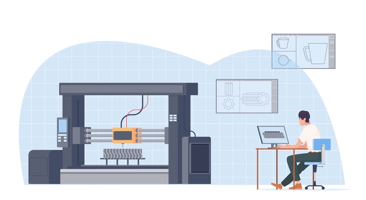 3d printing flat composition with indoor view of huge printer controlled by computer operated by man vector illustration