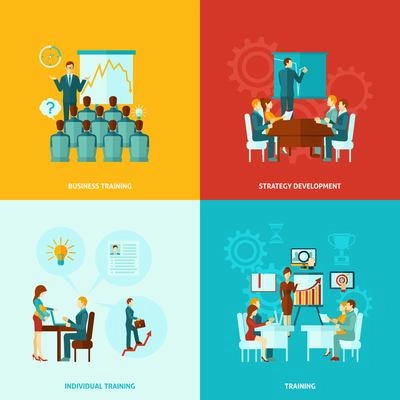 Business training design concept set with strategy development flat icons isolated vector illustration