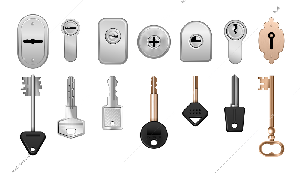 Realistic keys keyholes door locks icon set sets of locks with keys for different types of doors vector illustration