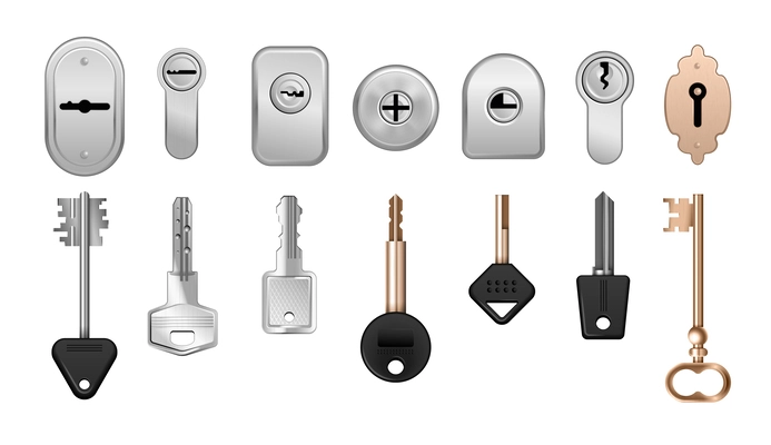 Realistic keys keyholes door locks icon set sets of locks with keys for different types of doors vector illustration