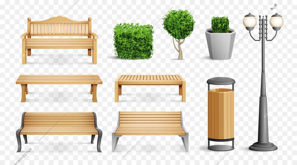 Realistic park elements set with different benches street lamp trash can bushes vector illustration