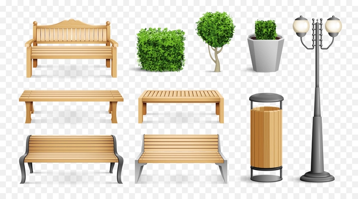 Realistic park elements set with different benches street lamp trash can bushes vector illustration