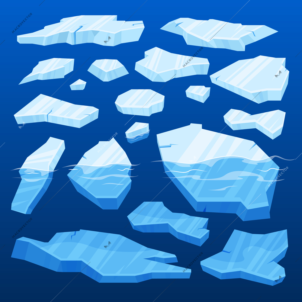 Frozen arctic cracked ice icon set different sized chunks of ice lie above and below the water vector illustration