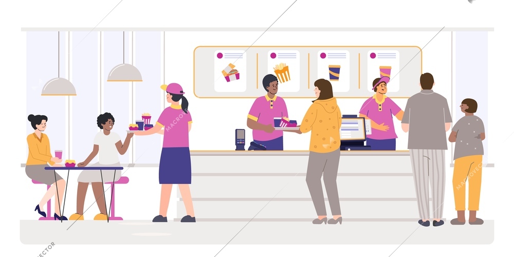 Fast food restaurant flat composition with indoor view of cafe with visitors waiters and cashiers counter vector illustration