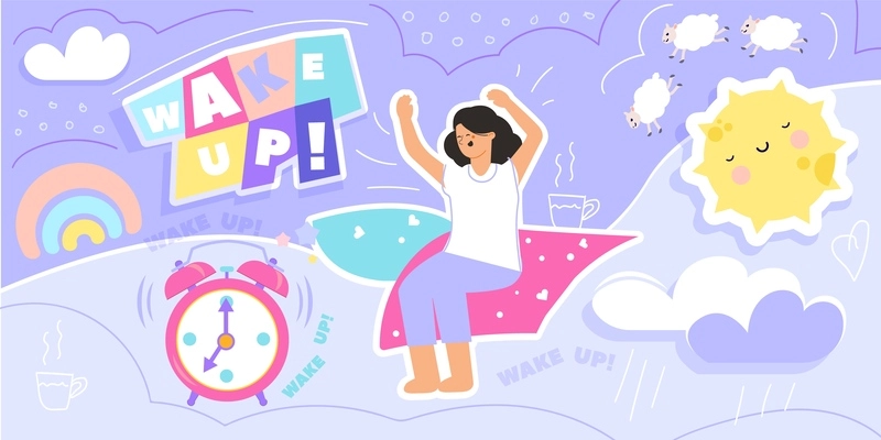 Wake up alarm composition with collage of flat icons doodle text smileys clouds and yawning girl vector illustration