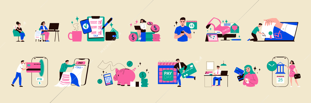 Tax day form color set of isolated icons with people money gadgets payment methods taxes counting vector illustration