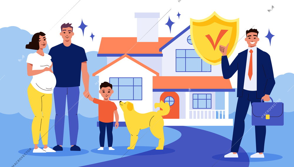 Insurance composition with view of modern house and young family with agent character and shield pictogram vector illustration