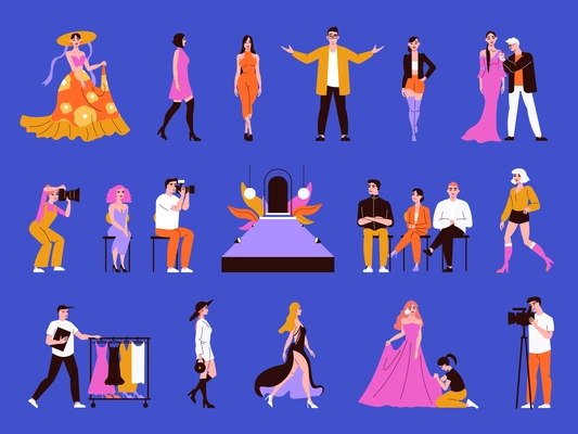 Fashion show color set with isolated icons and flat human characters of models photographers and celebrities vector illustration