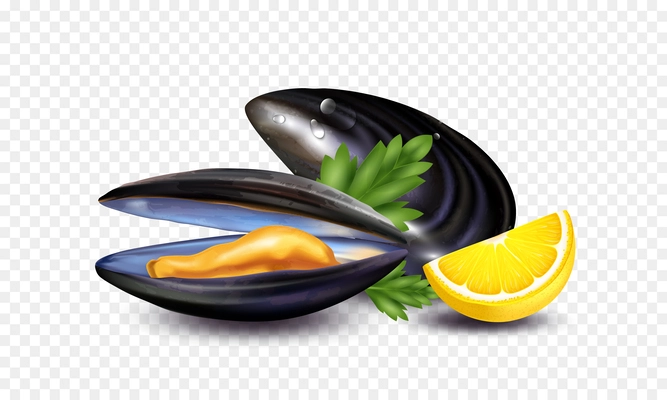 Realistic mussels composition with view of served meal with open shell green spices and lemon cut vector illustration