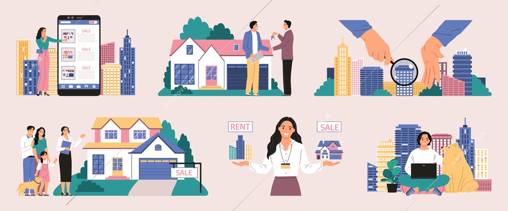 Real estate color set with isolated compositions of realtor agents with clients and property on sale vector illustration