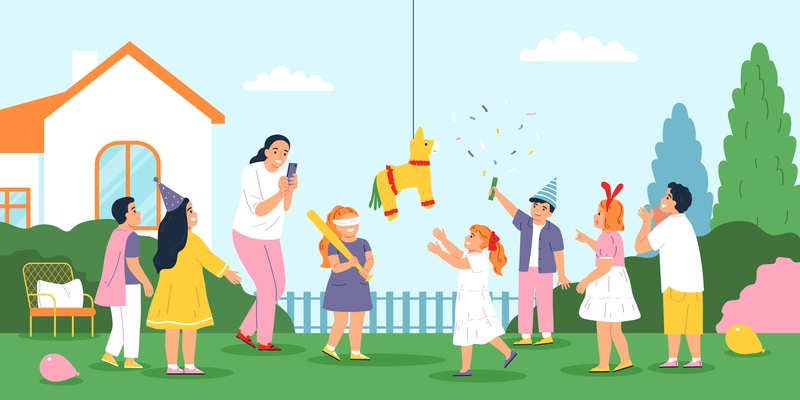 Children party flat concept with kids punching pinata vector illustration