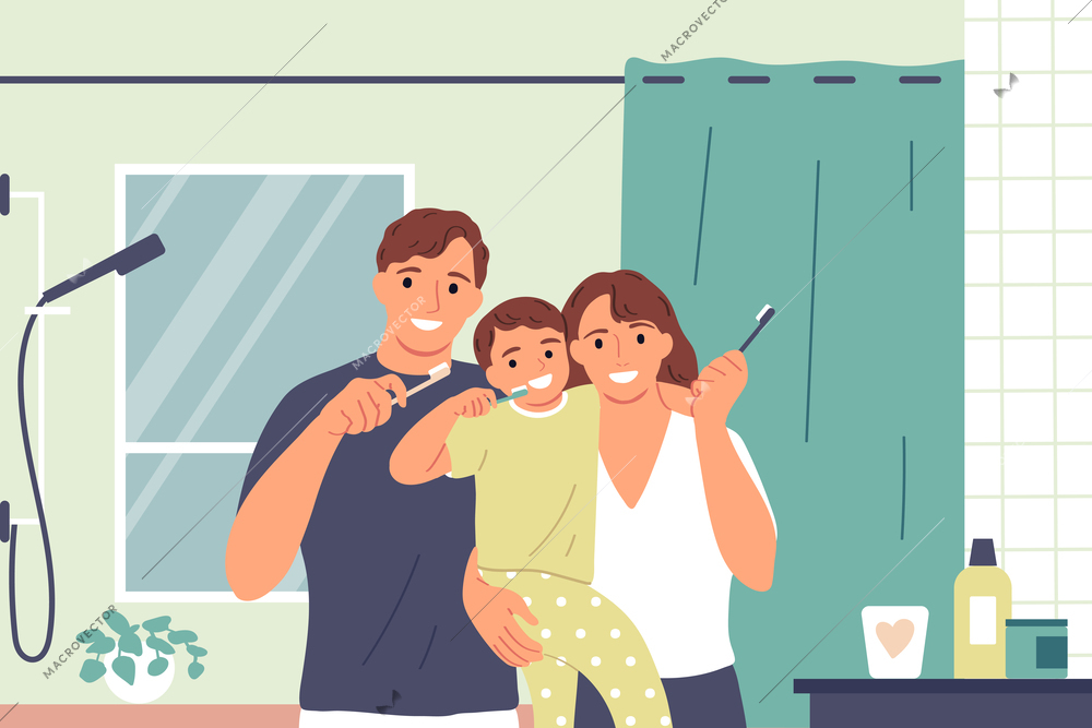 Daily hygiene routine with happy family brushing teeth together vector illustration