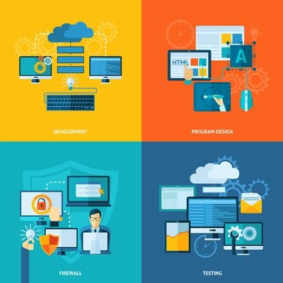 Program development design concept set with firewall and testing flat icons isolated vector illustration