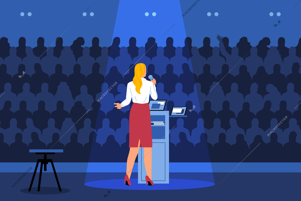 Conference stage flat concept with woman speaking in front of audience vector illustration