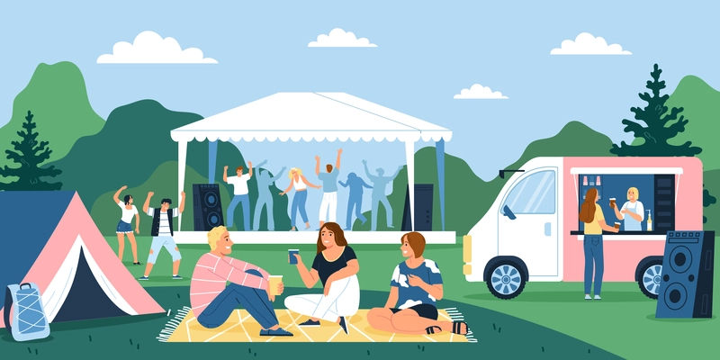 Music open air festival with young people relaxing and dancing outdoors flat vector illustration