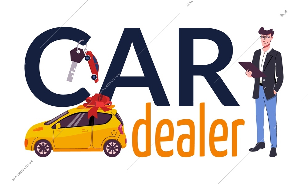 Car dealer text with confident male seller character and new car with red ribbon flat vector illustration