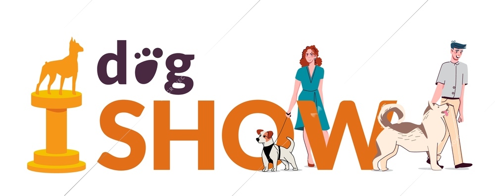 Dog show flat text with people and their pets on white background vector illustration