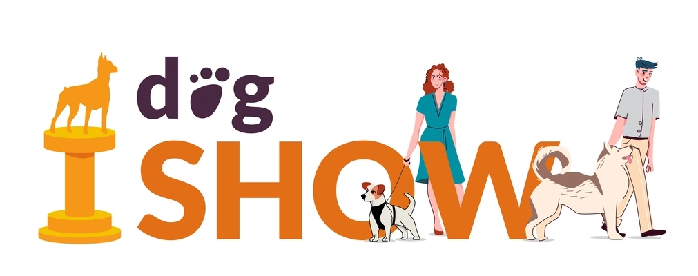 Dog show flat text with people and their pets on white background vector illustration