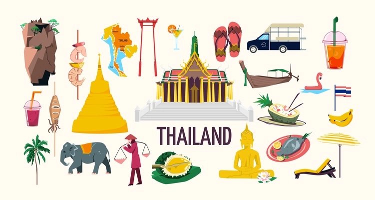 Flat thailand set with tourist attractions national food flag transport fruit drinks map elephant isolated vector illustration