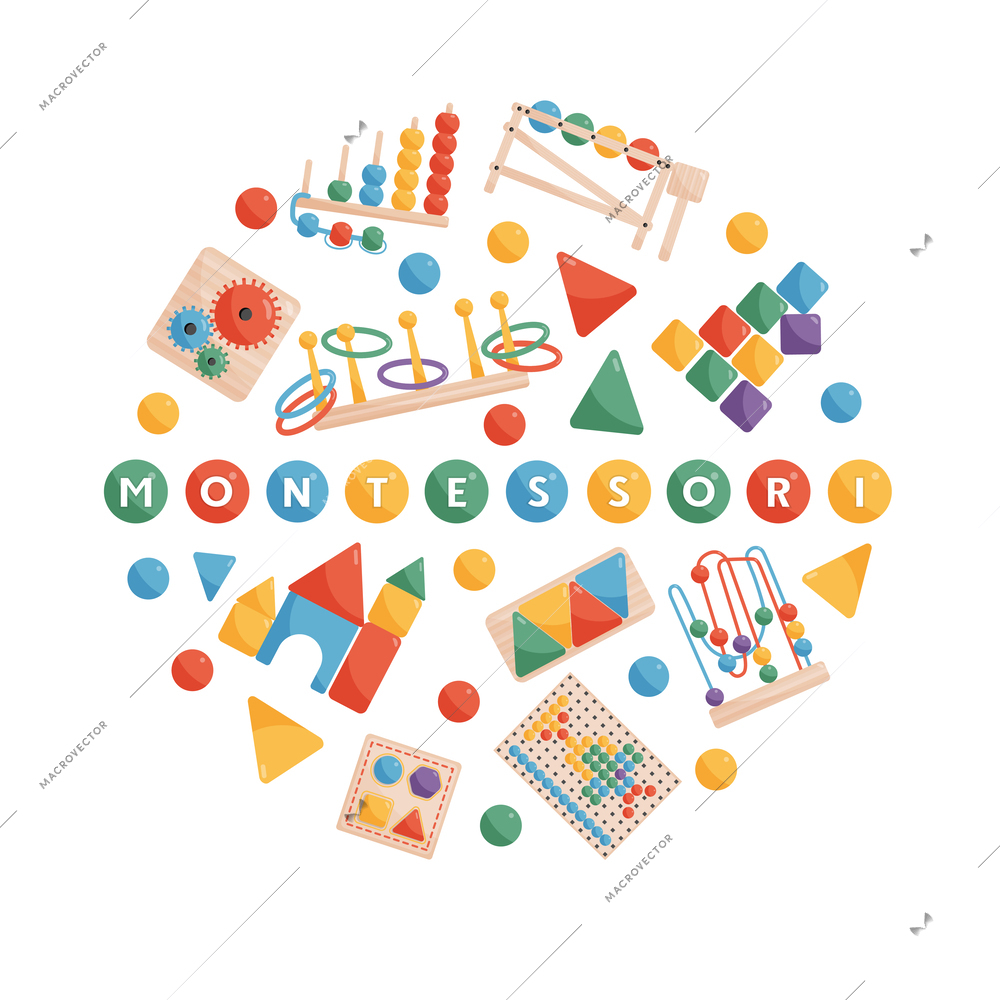 Montessory round design concept consisting of mosaic abacus and other wooden elements for retro educational children games isolated vector illustration