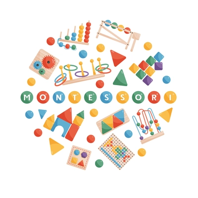 Montessory round design concept consisting of mosaic abacus and other wooden elements for retro educational children games isolated vector illustration