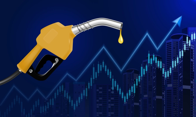 Handle pump nozzle with gold drop of fuel gas at price growth chart realistic background vector illustration