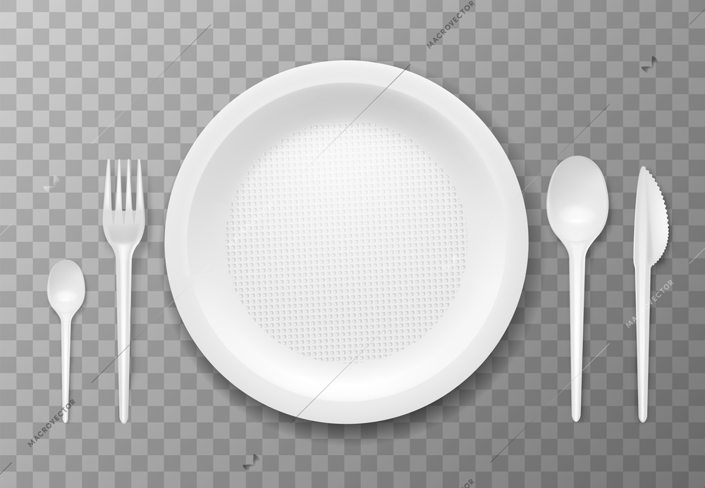 Table setting with disposable tableware at transparent background realistic vector illustration
