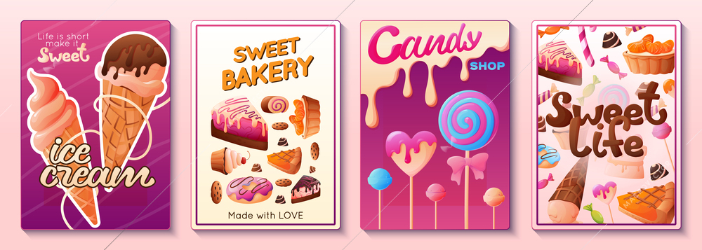 Candy shop sweet bakery ice cream cartoon posters set isolated on color background vector illustration