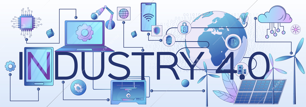 Industry 4.0 smart technology cloud computing internet of things cyber security automated production big data horizontal flat banner vector illustration