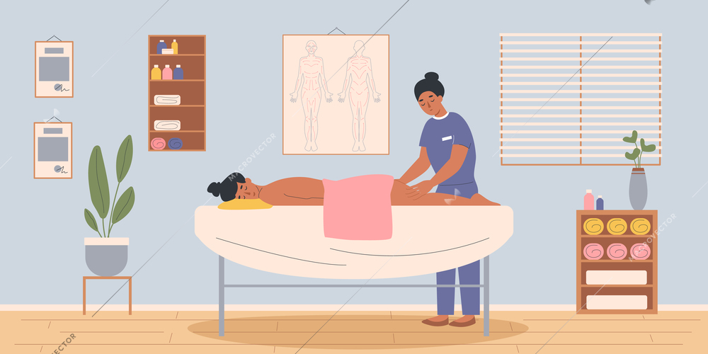 Types of massage flat composition with indoor interior scenery and female massage therapist rubbing clients back vector illustration