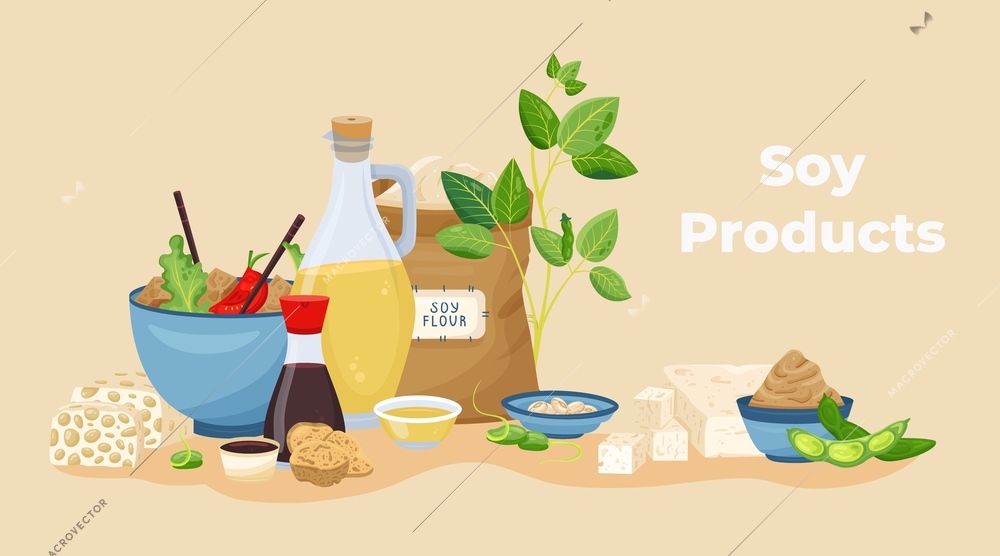 Soy products flat advertising composition of editable text and soy flour sacks served dishes and spices vector illustration
