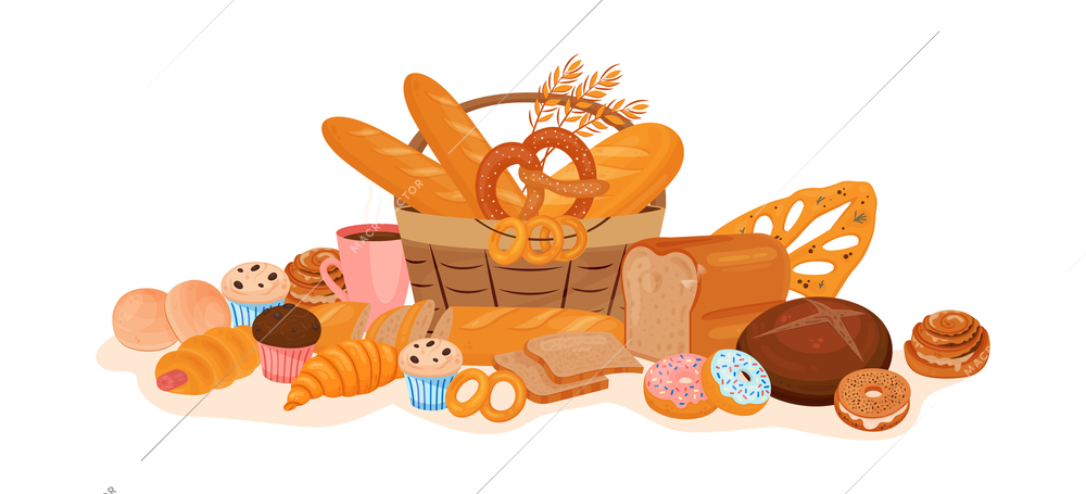 Bakery products flat composition with pile of baked foods with wooden basket sweets and coffee cup vector illustration