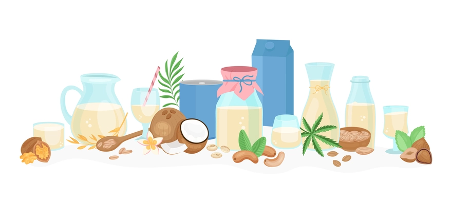 Vegan milk flat composition with nuts and leaves among glass jars and packages of grain milk vector illustration