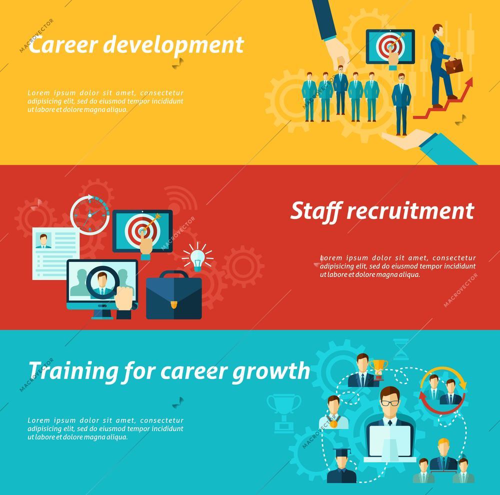 Career development horizontal banner set with staff recruitment business training elements isolated vector illustration