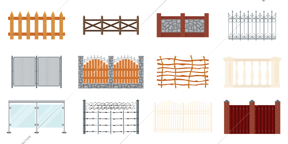 Fences flat set with isolated icons of fencing parts made with various materials on blank background vector illustration