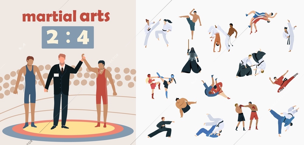 Martial arts composition with practice and match symbols flat isolated  vector illustration