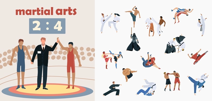 Martial arts composition with practice and match symbols flat isolated  vector illustration