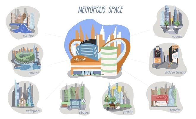 Megapolis city infographic set with urban architecture symbols flat vector illustration